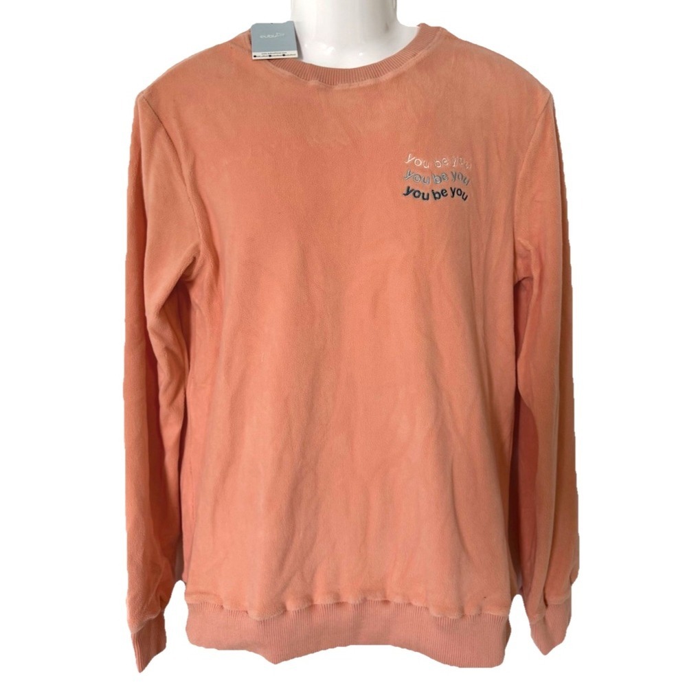 Eubi Sweatshirt Womens M Soft AF You Be You Embroidered Fleece Pullover Orange